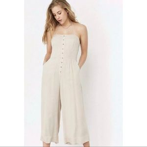 UO Silence + Noise Button-Front Gauzy Tan Jumpsuit